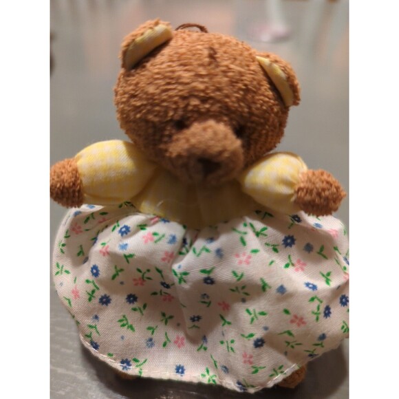 Russ Berrie Teddy Bear Plush Christmas Ornament Yellow Shirt Floral Dress - Picture 2 of 3